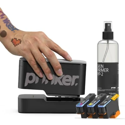 Immagine di Stampante temporanea per tatuaggi Prinker S Black &amp; Color, personalizzati, resistente all&#039;acqua e lavabile con sapone, compatibile Android iOS, inchiostro cosmetico incluso.