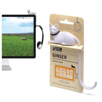 Immagine di Monkey Business Ginger Gancio decorativo a forma di coda gatto, per schermo del computer, organizer cuffie da scrivania, accessori computer (bianco)