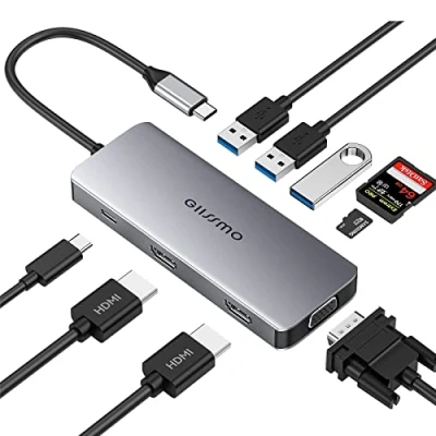 Immagine di GIISSMO Hub USB C 9 in 1 Triple Display Multiport Adapter con Dual 4K HDMI, VGA 1080P, 3 3.0, 100 W PD e TF/SD Lettore di schede per MacBook Pro/Air Windows
