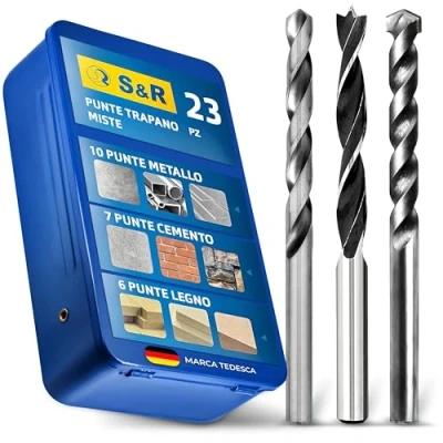 Immagine di S&amp;R Punte Trapano Miste. Set 23 x Muro Cemento Ferro Metallo Legno. codolo rotondo per Trapani e Avvitatori