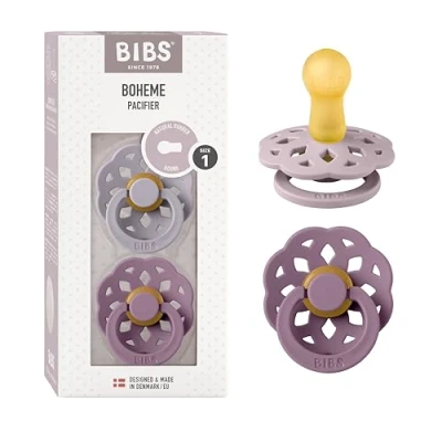 Immagine di BIBS Boheme Ciuccio confezione da 2 pezzi. Privo di BPA., Tettarella tonda. Lattice gomma naturale, Prodotto in Danimarca. Misura 1 (0 6 mesi), Fossil Grey/Mauve