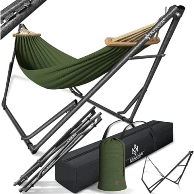Immagine di KESSER® amaca Vill con telaio in metallo, pieghevole, regolabile, stabile, per interni ed esterni, borsa il trasporto + sacchetto, da campeggio, giardino, piscina, balcone, terrazza,