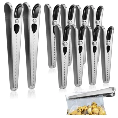 Immagine di COM FOUR® set di 10 clip per il mantenimento della freschezza in acciaio inossidabile chiusura sacchetti 2 misure (10 pezzi argento lunghi)