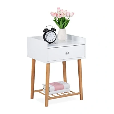 Immagine di Relaxdays Comodino Stile Nordico, 2 Ripiani, Cassetto, Moderno, Camera da Letto, HBT: 55,5 x 40 35cm, Naturale, Legno ingegnerizzato, Bianco Marrone