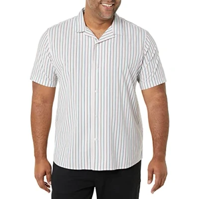 Immagine di Amazon Essentials Camicia da Vacanza dalla vestibilità Standard Uomo, Blu Rosa Righe Verticali, L