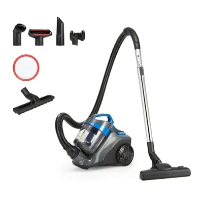 Immagine di Amazon Basics Aspirapolvere a Traino senza Sacco, 850W, Filtro HEPA, Capacità 1.7L, Compatto e Leggero, con Spazzola Tripla Azione per Tappeti Pavimenti Duri, Nero Blu
