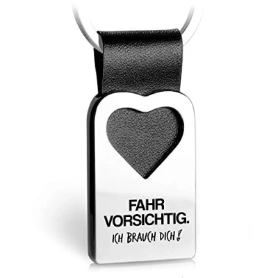 Immagine di FABACH Portachiavi a forma di cuore con incisione in pelle, ciondolo portafortuna per la vostra persona preferita, attenzione e scritta lingua tedesca, Nero , 1