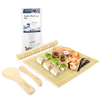 Immagine di Exzact Kit sushi in bambù per arrotolare 4 pezzi 2 x stuoie, 1 paletta riso, spalmatore tutti naturali.