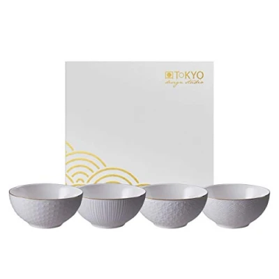 Immagine di TOKYO Design studio Nippon White Set di 4 Ciotole, Bianco, con Bordo in Oro, Ø 15 cm, Altezza 7 ca. 600 ml, Porcellana Asiatica, Giapponese, Confezione Regalo Inclusa
