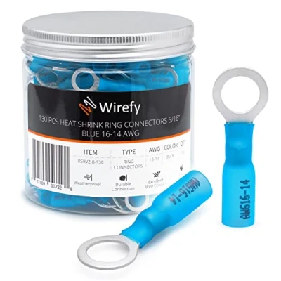 Immagine di Wirefy 130 PZ Connettori Occhiello M8 Kit Terminali Anello Termoretraibili Capicorda Elettrici Crimpare Blu 1,5 2,5 mm²