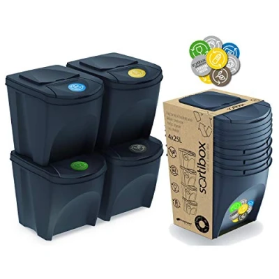 Immagine di Set di 4 cestini raccolta differenziata 100L Prosperplast Sortibox plastica colore antracite