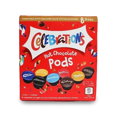 Immagine di cialde di cioccolata calda Celebrations compatibili con le macchine per Dolce Gusto Twix, Mars, Bounty, Snickers, Galaxy, Malteser, Via Lattea e Galaxy Caramel (8)
