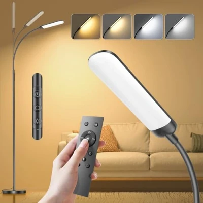Immagine di YICAIZI Lampada da Terra LED 18W 1200LM con Telecomando 4 Tonalità di Colore &amp; Livelli Luminosità Regolabile Piantana Lettura per Soggiorno, Camera Letto, Ufficio Nero