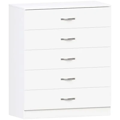 Immagine di Home Discount Bianco cassettiera, 5 cassetti con Maniglie in Metallo e corridori, Sistema Unico Guide, Camera da Letto Riano Storage Furniture