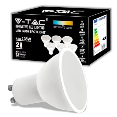 Immagine di V TAC 6x Lampadine Led GU10 4.5W (Equivalenti a 35W) 400 Lumen Alta Luminosità Faretto Massima Efficienza e Risparmio Energetico Luce Bianca Calda 3000K Box 6 Pezzi