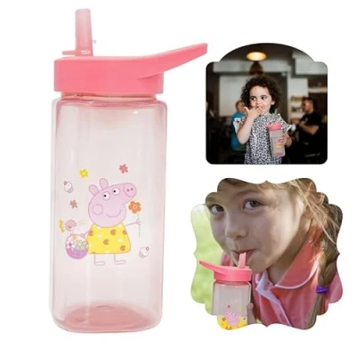 Immagine di Borraccia con cannuccia per bambini da 420 ml, motivo Peppa Pig, in plastica, quadrata, senza BPA, di colore rosa, dai 6 mesi su