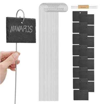 Immagine di Navaris Set 15x Etichette per Piante in Ardesia 10 x 7 cm Cartellini Segnanome con Asta 40 Targhette Pietra Scrivibili Rettangolari Accessori Giardinaggio 2 Gessi