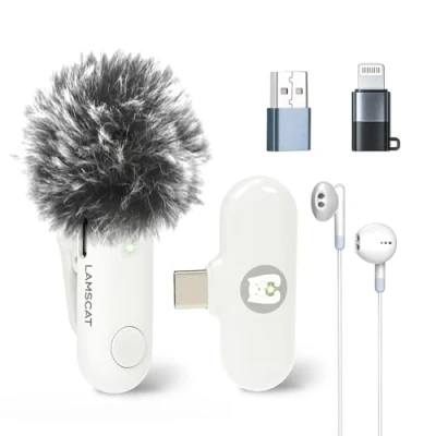 Immagine di LAMSCAT Microphone wireless for iPhone/ipad/Android/USB c/PC, Lavalier Recording, Live Streaming, YouTube, TikTok, Cancellation, Noise No APP needed (white 1to1)