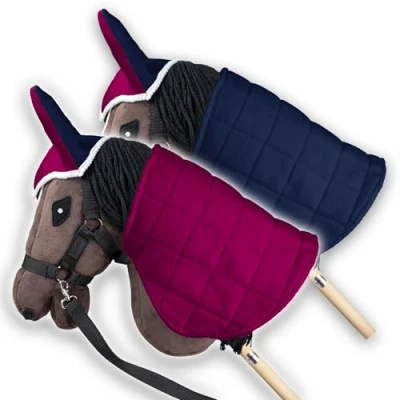 Immagine di SKIPPI Coperta e Cuffietta per Hobby Horse Fucsia Blu Navy, Reversibile Accessori, Cuffia Bicolore Antimosche Cavallo con Bastone, Horsing