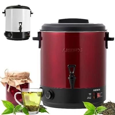 Immagine di Arebos Cuocitore automatico per conserve 1800 W Pentola 28 L con timer, termostato e protezione da surriscaldamento regolabile in continuo 30 110C vin brulé Rosso