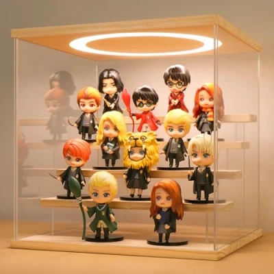 Immagine di Vetrina in Acrilico Trasparente con LED e Interruttore, Espositiva Teca Plexiglass Cubo Scatola Contenitori per Collezionismo, Modellismo, Minifigure, Statuette (Legno, 5 Livelli, 30x28x30 cm)