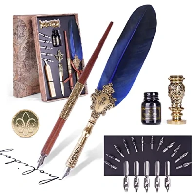 Immagine di AOMAYLL Piume Penne Stilografiche,Penna Piuma,Quill Penna Set con 17 Pennini di Ricambio, per calligrafia principianti e professionisti.