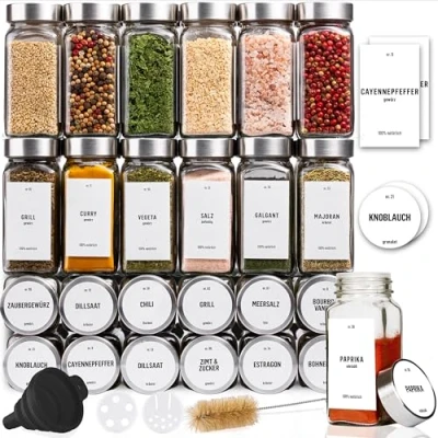 Immagine di Deco haus® Set da 24 Contenitori per Spezie con Tappo a Vite Kit Condimenti Etichette, Imbuto, Spazzola, Pennarello Barattoli Portaspezie Piccoli in Vetro Trasparente 120ml, 10,5x4,3 cm