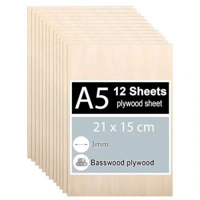 Immagine di 12 pezzi Compensato 3mm, Legno di Tiglio A5 21 x 15 cm, Fogli Compensato, Sottili per Modellare, Pannelli Taglio Laser, Pirografia