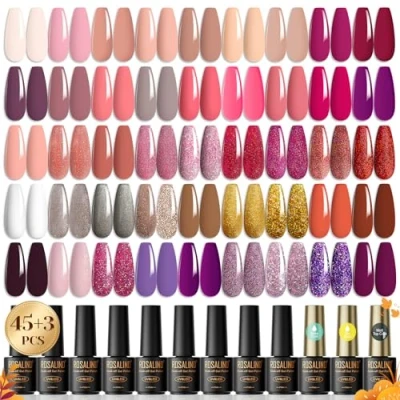 Immagine di ROSALIND Smalto Semipermanente per Unghie in gel, 48pz, con Base e Top Coat, Matt UV LED RosaNudo Viola Autunno Inverno Nail Art