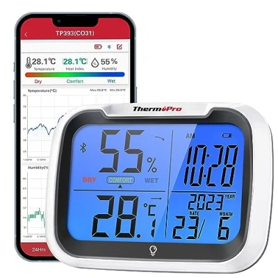 Immagine di ThermoPro TP393B Termometro Ambiente Digitale Misuratore di umidità, Portata Bluetooth 80 m, Display Della Temperatura Dell&#039;igrometro Dell&#039;orologio Ricaricabile Retroilluminato