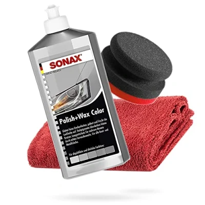 Immagine di detailmate Set con lacca per lucidare Sonax Polish, colore grigio/argento, 500 ml, spugna lucidatura a mano dura del diametro di 90/50 mm e panno in microfibra senza cuciture, 550 g/m², rosso