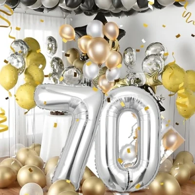 Immagine di Palloncini compleanno 70 anni Argento 40 pollici Decorazioni di un uomo donna Pallone numero gonfiabile in foil beige