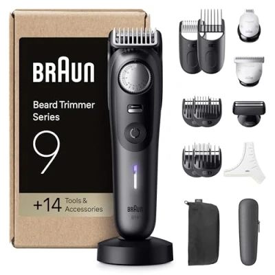 Immagine di Braun Regolabarba Uomo Series 9, +14 Strumenti Da Barbiere, Modalità PowerBoost &amp; Lama ProBlade Affilata A Vita, 180 Min, Selettore Di Precisione Con 52 Lunghezze, Impermeabile, BT9565, Titanio