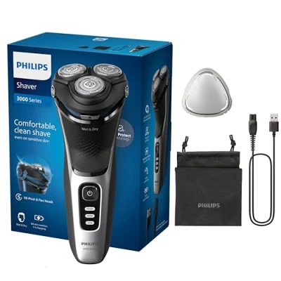 Immagine di Philips rasoio elettrico serie 3000 Wet &amp; Dry per uomo con tecnologia SkinProtect, colore Deep Black, rifinitore a scomparsa, cordless, astuccio da viaggio (modello S3241/12)