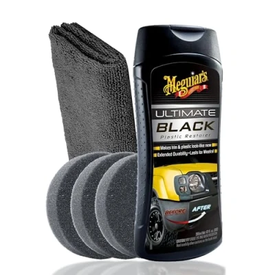 Immagine di Set rinfrescante in plastica per auto interni ed esterni, Meguiar&#039;s Ultimate Black Plastic Restorer + 3 tamponi applicatori panno lucidante cura della una nuova lucentezza con