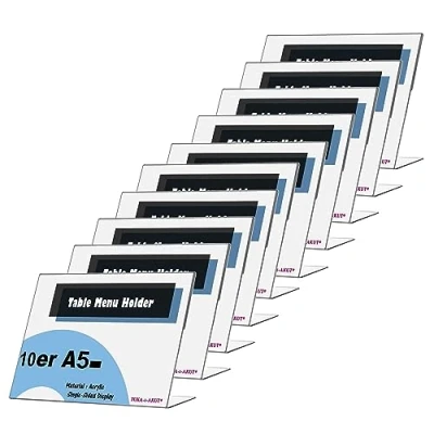 Immagine di TUKA 10x Porta avvisi da Tavolo Inclinati, A5 Orizzontale Espositori, Supporto Pubblicitario Banco, per Menù, Carta, Informazioni, Documenti e Altro. 2,5mm Acrilico Trasparente, TKD8201