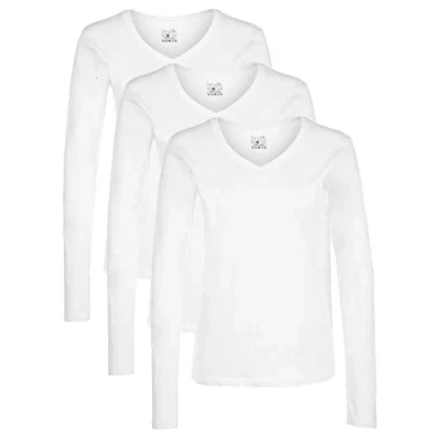 Immagine di Berydale Maglietta a maniche lunghe con scollo V in 100% cotone, Donna, Bianco (confezione da 3), L