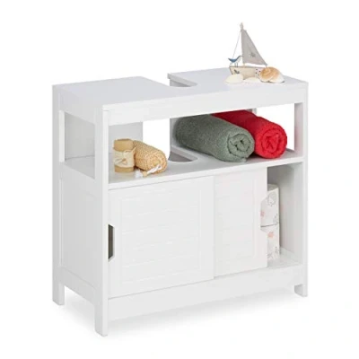 Immagine di Relaxdays Mobile Sottolavabo per Bagno, HxLxP: 60,5x60x30cm, 2 Scomparti con Anta e Copricolonna, Copri Sifone, Bianco, Materiale: Legno, 1 pz