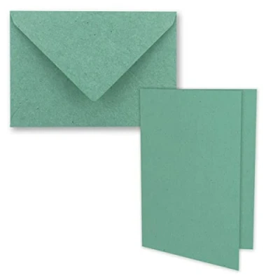 Immagine di 10 biglietti pieghevoli in carta kraft vintage, con buste, formato DIN A5, 21 x 14,8 cm, verde eucalipto, riciclaggio, pieghevoli, vuoti