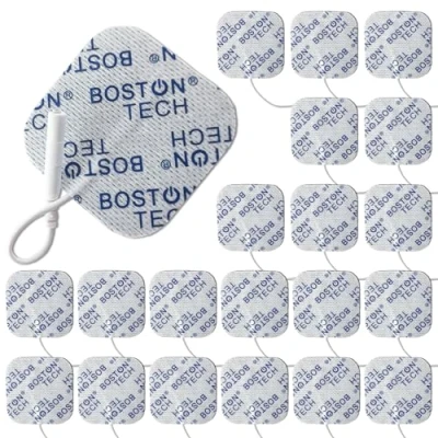 Immagine di 20 elettrodi Boston Tech di qualità superiore. 5x5cm Compatibile con gli elettrostimolatori Tesmed e TENS EMS cavetti a spinotto da 2 mm. Riutilizzabile adesione ottimale. Non necessita gel