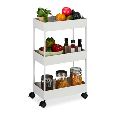 Immagine di Relaxdays Carrello da Cucina con Ruote, 3 Ripiani, 2 Freni, Portaoggetti per Bagno e Ufficio, HLP: 65,5x40x22cm, Bianco