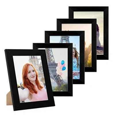 Immagine di PHOTOLINI cornici 13x18 cm nero legno MDF, set di 5 larghe, moderne, plexiglass infrangibile, da tavolo o parete, accessori extra per una parete dal look raffinato