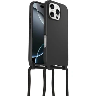 Immagine di OtterBox Cover React Series Necklace MagSafe per iPhone 16 Pro, Custodia Ultra sottile, resistente a shock con cordino collana, adattabile e intercambiabile, testata norme MIL STD 810G, Nero