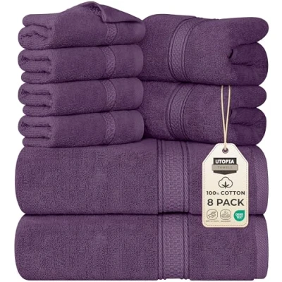 Immagine di Utopia Towels, Set di Asciugamani da 8 Pezzi, 2 Bagno, a Mano e 4 Panni Lavare, Altamente Assorbente per Palestra, Hotel Spa (Prugna)