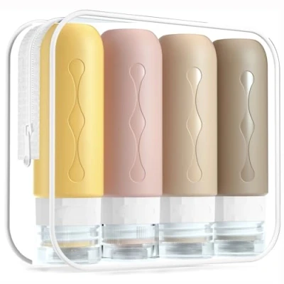 Immagine di Gemice Bottiglie da Viaggio in Silicone, 4Pezzi 90ml Contenitori con Riutilizzabili Comprimibili, per Shampoo, Balsamo, Crema, Lozione, Aereo