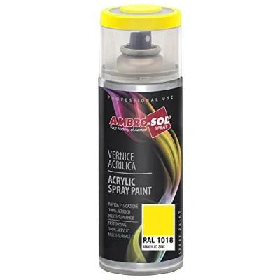 Immagine di Ambro Sol V4001018 Smalto Acrilico Multiuso, Vernice Brillante per Interni ed Esterni, Adatto Qualsiasi Tipo di Materiale, Bomboletta Spray in Banda Stagnata Riciclabile da 400 ml, Giallo Zinco