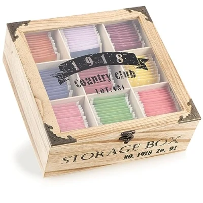 Immagine di com four® Scatola Rustica per bustine di tè da con 9 Scomparti, Finestra e Chiusura in Stile Country Contenitore Shabby Chic (Rustico 1918 Scomparti)