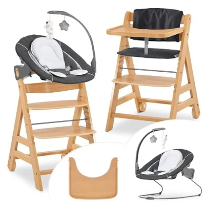 Immagine di hauck Alpha Move Set Deluxe Seggiolone in Legno Evolutivo Da 0 Mesi Sedia Bambini Regolabile con Sdraietta Neonato Reclinabile, Cuscino e Vassoio (Bouncer: Melange Grau)