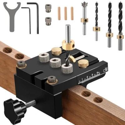 Immagine di Dima per Guida di foratura da 6/8/10/15 mm Kit tasselli autocentranti 3 in 1 lavorazione del legno Fori posizionamento trapano regolabile Localizzatore punzoni