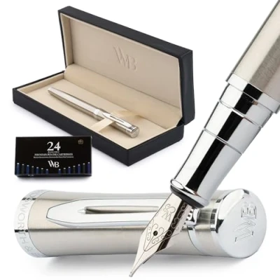 Immagine di Wordsworth &amp; Black Set di penne stilografiche, Medio Nib, include 24 cartucce d&#039;inchiostro e un convertitore ricarica inchiostro [Cromo]